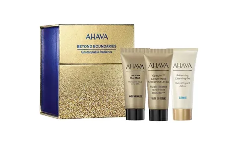 Ahava Unstoppable Radiance Set Ahava: Osmoter Concetrate, Smoothing, Lotion, For Face, 15 ml + Refresing, Eliminates Impurities, Cleansing Gel, For Face, 15 ml + 24K Gold Mineral, Anti-Wrinkle, Mud Ma
