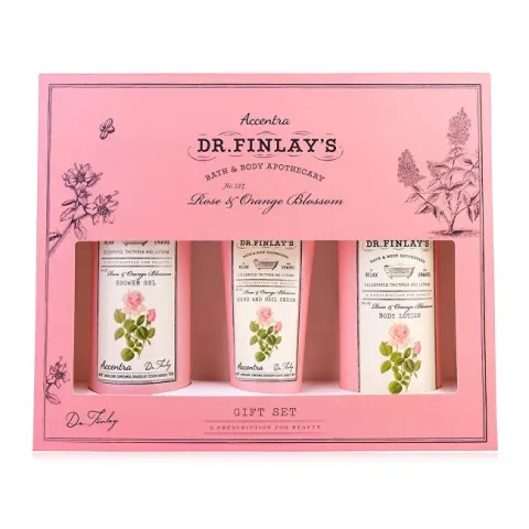Accentra bath set DR. FINLAY`S in a gift box rose and orange blossom, shower gel 240ml, body lotion 190ml, hand and nail cream 60ml