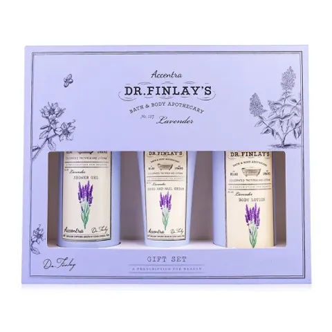 Lavender DR. FINLAY`S bath care gift set in a lavender gift box, shower gel 240ml, body lotion 190ml, hand and nail cream 60ml, 3 fragrances
