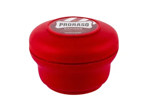 Red shaving soap in a jar