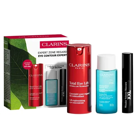 Set Clarins: Total Eye, Lift, Day, Eye Serum, 15 ml + Instant Eye, Makeup Remover Lotion, 30 ml + Wonder Volume, Volumising, Mascara, Black, 3 ml *Miniature