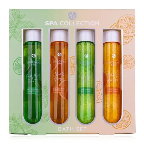 SPA COLLECTION bath set in gift box (zkumavky) incl. 2 x 60 ml shower gel, 2 x 80 g bath salt, 2 scents/colors: citrus and orange, mint and lime, VE 6/12