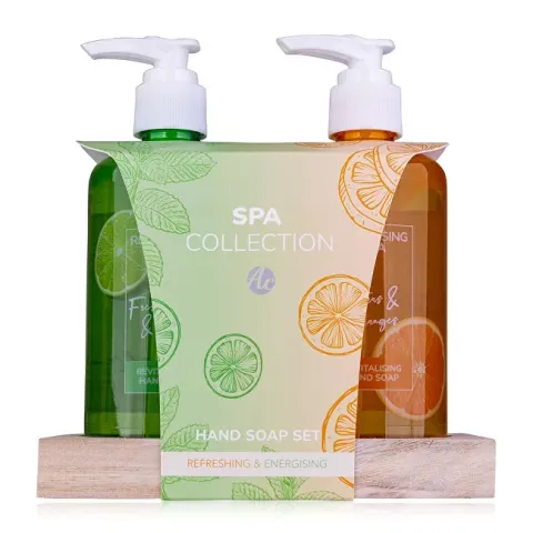 SPA COLLECTION hand care SET on a wooden tray with a pump incl. 2 x 290 ml hand soap, 2 scents/colors: citrus and orange, mint and lime, VE 6
